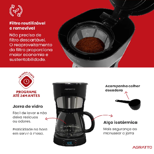 CAFETEIRA PRETA 1,5LT 800W 220V AGRATTO